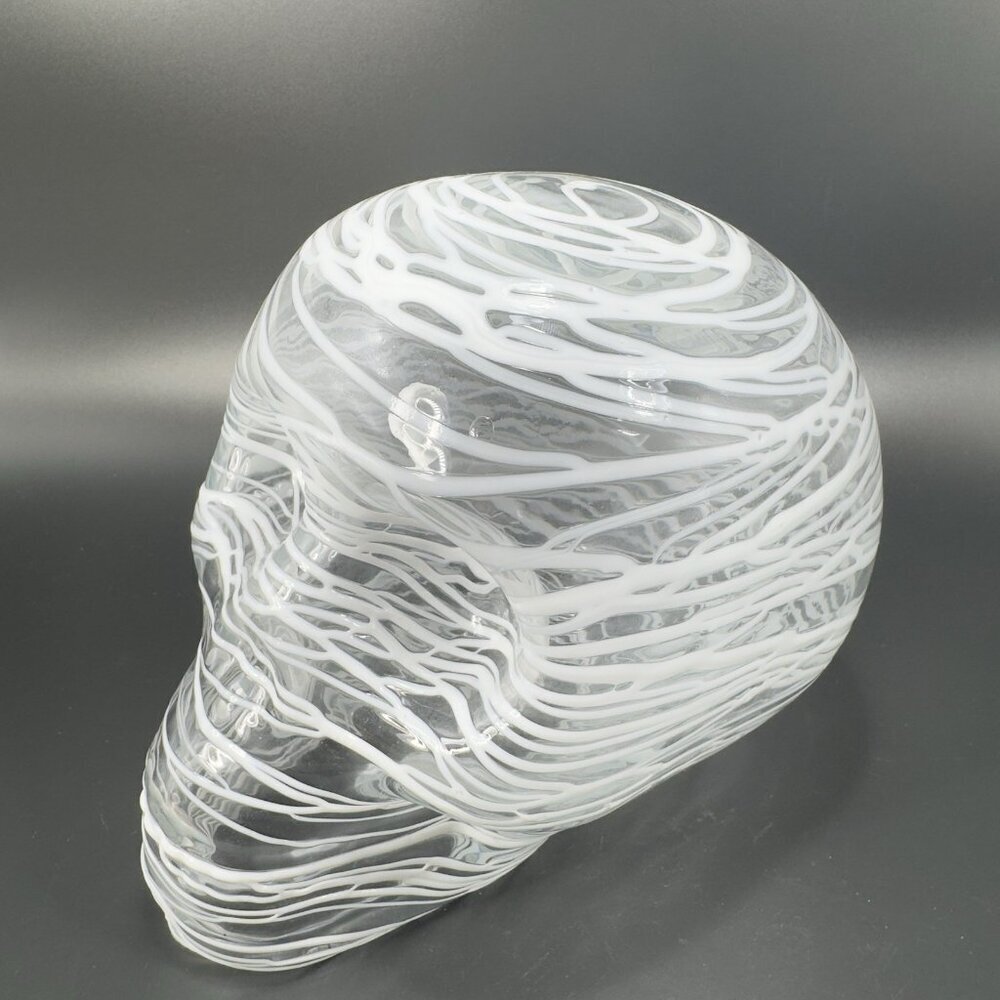 Large Art Glass Skull Decorative Glass Paperweight Clear With White Swirl Hollow